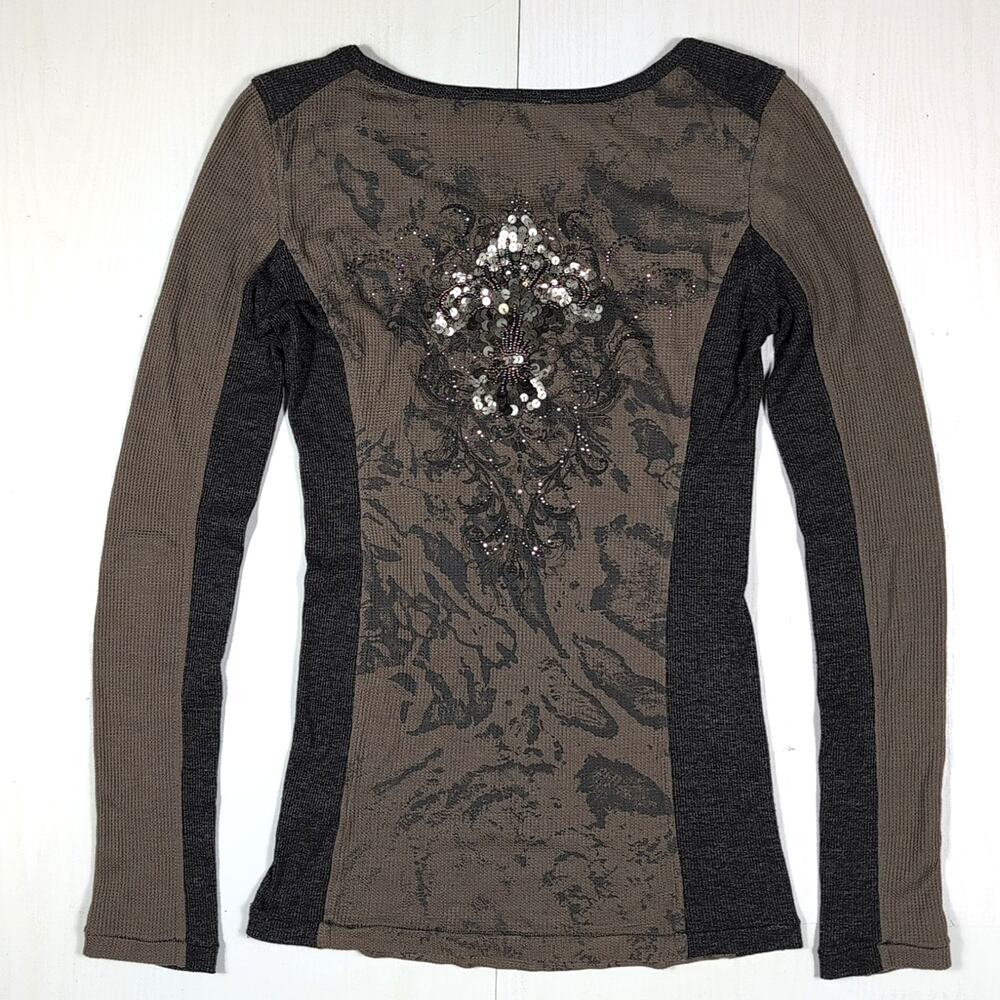 Miss Me Thermal Henley Top Women’s M Brown Cross Sequin Embellished Long Sleeve